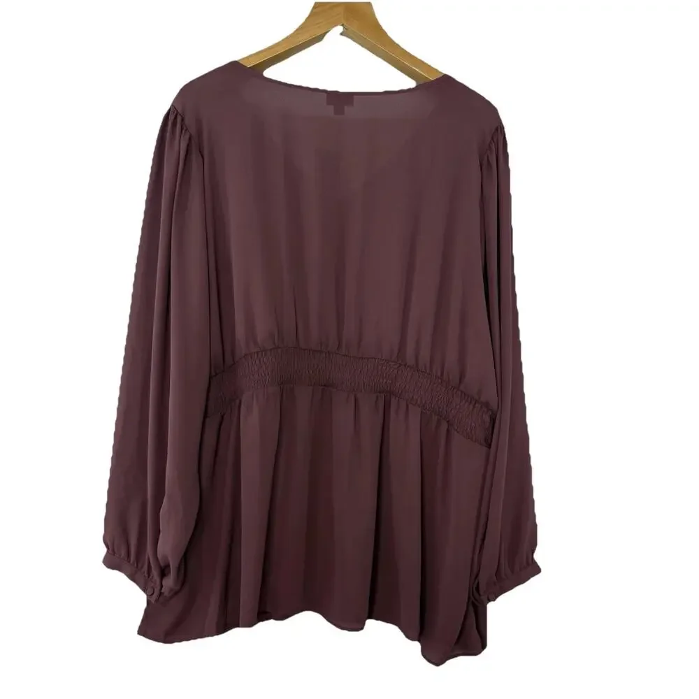 Torrid‎ Sz 4 (26/28) Wine Baby Doll Georgette Pintuck Long Sleeve Sheer Blouse - Picture 2 of 6